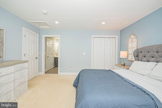 10021 Lorain Ave, Silver Spring, MD 20901 - bedroom with light carpet, attic access, baseboards, a closet, and recessed lighting