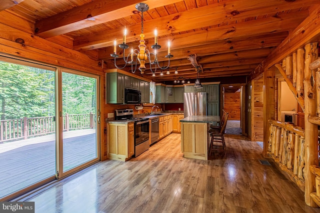 821 Sand Ridge Rd, Howard, PA 16841 - kitchen featuring appliances with stainless steel finishes, a sink, light wood-style floors, a chandelier, and beam ceiling