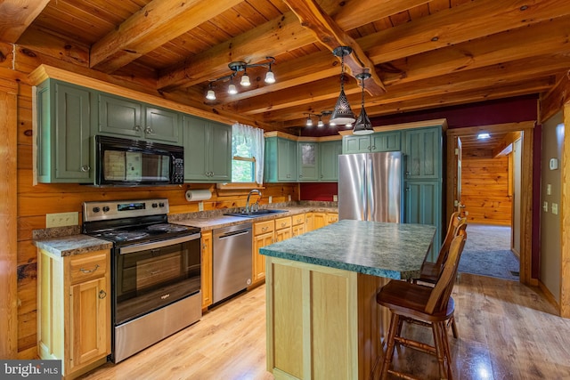 821 Sand Ridge Rd, Howard, PA 16841 - kitchen with stainless steel appliances, wood ceiling, a sink, light wood finished floors, and green cabinetry