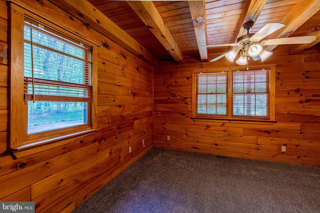 821 Sand Ridge Rd, Howard, PA 16841 - unfurnished room with wooden ceiling, plenty of natural light, wooden walls, beamed ceiling, and a ceiling fan