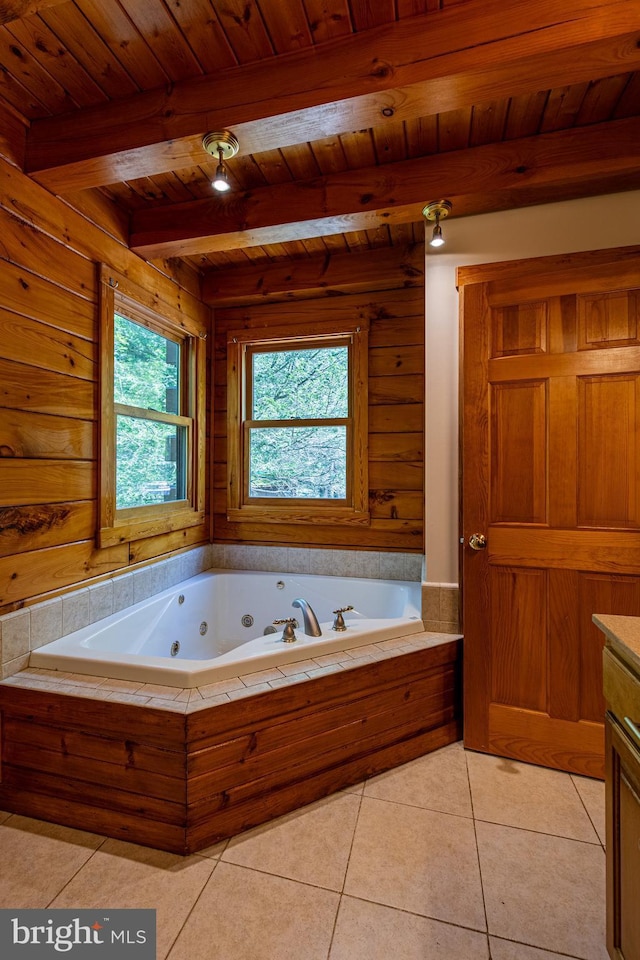 821 Sand Ridge Rd, Howard, PA 16841 - bathroom featuring plenty of natural light, wood ceiling, tile patterned floors, a whirlpool tub, and beamed ceiling