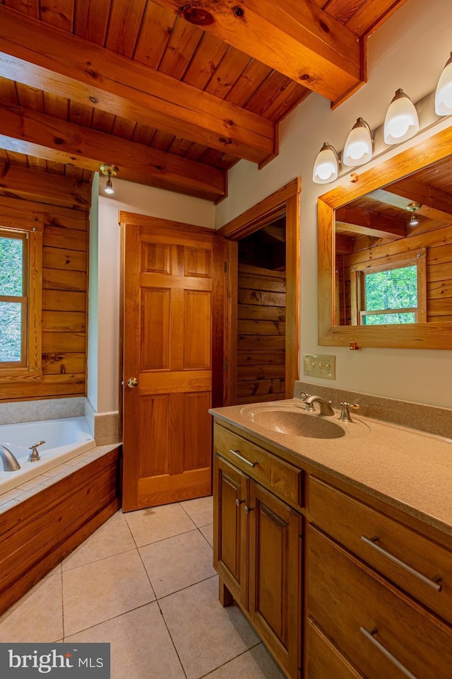 821 Sand Ridge Rd, Howard, PA 16841 - full bathroom with beamed ceiling, wood ceiling, tile patterned flooring, vanity, and a garden tub