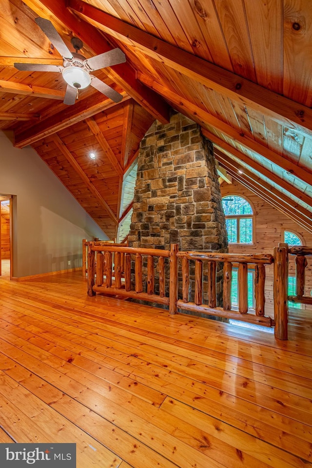 821 Sand Ridge Rd, Howard, PA 16841 - unfurnished living room featuring hardwood / wood-style flooring, ceiling fan, and wooden ceiling