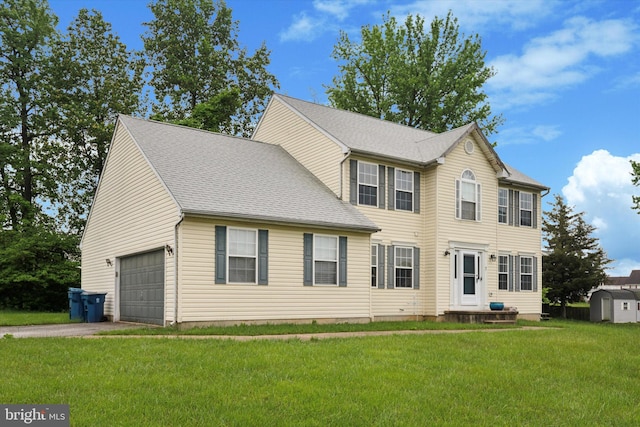 7 Gazelle Pl, New Castle, DE 19720 - colonial-style house featuring driveway, a front lawn, a storage unit, and a shingled roof