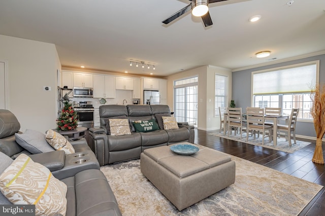 living area with wood finished floors, baseboards, ceiling fan, healthy amount of natural light, and ornamental molding