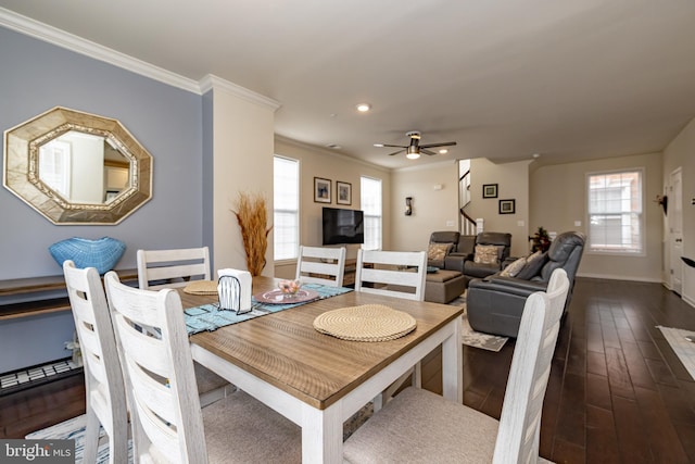 dining space with stairway, crown molding, dark wood-style flooring, baseboards, and recessed lighting