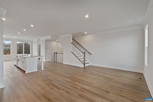 2 Talen Ln, Charlottesville, VA 22911 - unfurnished living room with ornamental molding, baseboards, light wood-style flooring, recessed lighting, and a sink