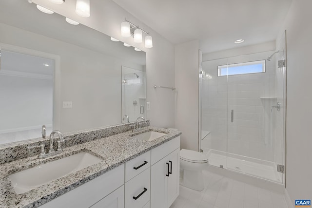 2 Talen Ln, Charlottesville, VA 22911 - bathroom with toilet, a stall shower, double vanity, and recessed lighting