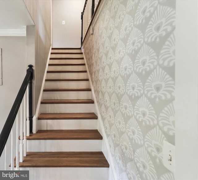 11476 Bronzedale Dr, Oakton, VA 22124 - stairway featuring wallpapered walls