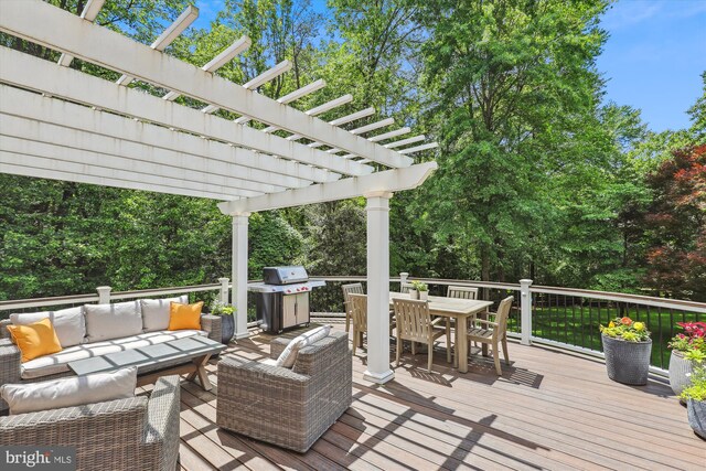 11476 Bronzedale Dr, Oakton, VA 22124 - deck featuring outdoor dining space, an outdoor living space, a pergola, and grilling area