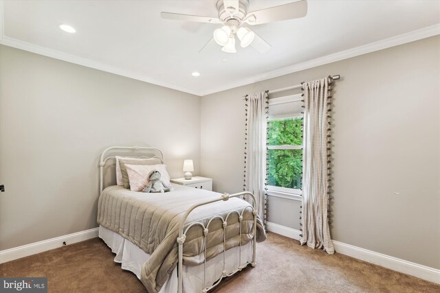 11476 Bronzedale Dr, Oakton, VA 22124 - bedroom featuring carpet flooring, baseboards, crown molding, recessed lighting, and a ceiling fan