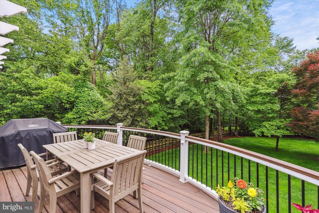 11476 Bronzedale Dr, Oakton, VA 22124 - deck featuring outdoor dining space, a yard, grilling area, and view of scattered trees