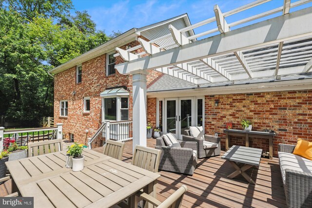11476 Bronzedale Dr, Oakton, VA 22124 - wooden deck featuring a pergola, outdoor lounge area, outdoor dining area, and french doors