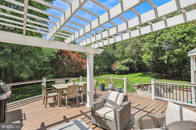 11476 Bronzedale Dr, Oakton, VA 22124 - wooden terrace with outdoor dining area, a pergola, a yard, and view of scattered trees