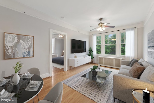 living area with radiator, a ceiling fan, light wood-style flooring, crown molding, and baseboards