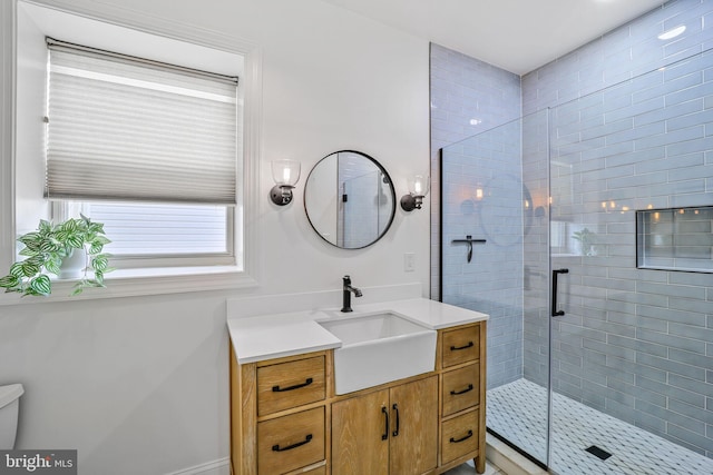 bathroom featuring a shower stall, vanity, and toilet