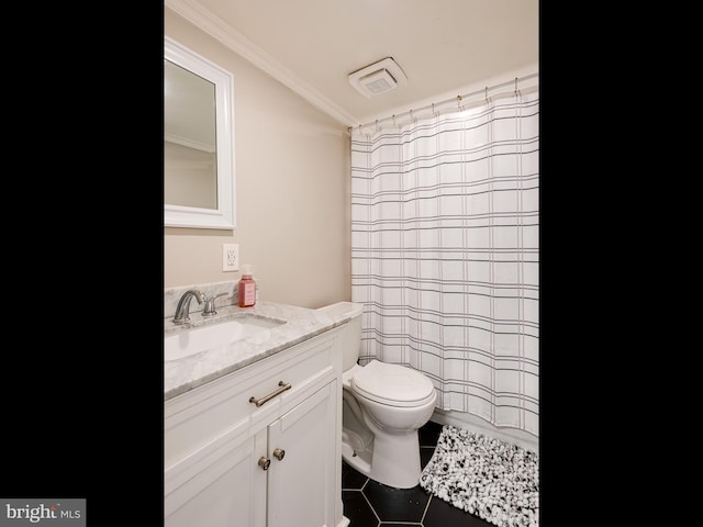 full bath with tile patterned floors, toilet, vanity, ornamental molding, and a shower with curtain