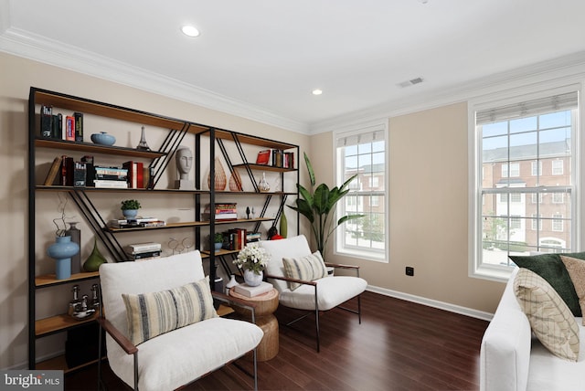 23483 Aldie Manor Ter, Ashburn, VA 20148 - sitting room featuring baseboards, wood finished floors, crown molding, and recessed lighting