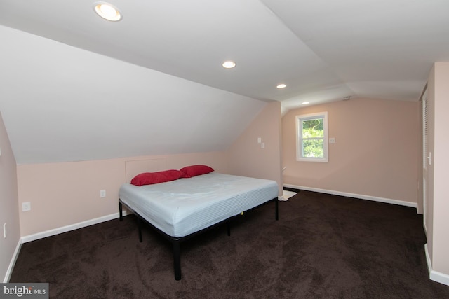 bedroom featuring vaulted ceiling, baseboards, recessed lighting, and carpet flooring