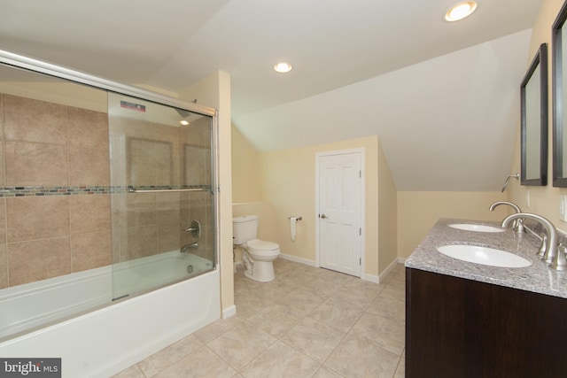 full bath with toilet, lofted ceiling, tile patterned floors, recessed lighting, and combined bath / shower with glass door