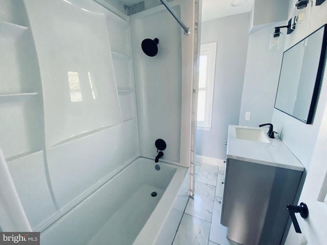 976 Klockner Rd, Hamilton Township, NJ 08619 - bathroom featuring marble finish flooring, shower / bathtub combination, baseboards, and vanity
