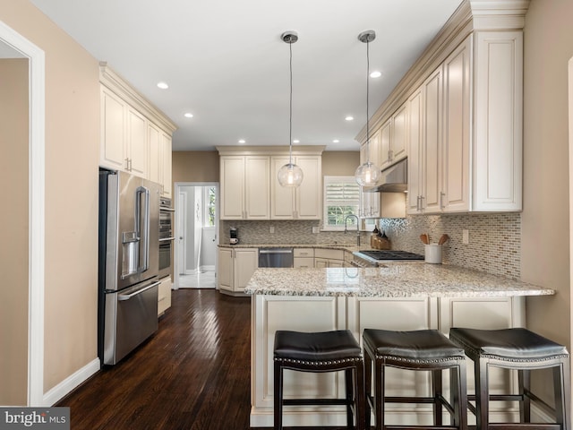 606 Borough Line Rd, Collegeville, PA 19426 - kitchen featuring appliances with stainless steel finishes, a peninsula, under cabinet range hood, dark wood-style floors, and tasteful backsplash