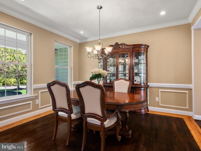 606 Borough Line Rd, Collegeville, PA 19426 - dining room featuring a chandelier, wood finished floors, a wainscoted wall, crown molding, and recessed lighting
