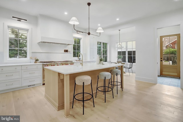 1416 N Hancock St, Arlington, VA 22201 - kitchen featuring custom exhaust hood, a kitchen island with sink, light wood-type flooring, recessed lighting, and white cabinetry