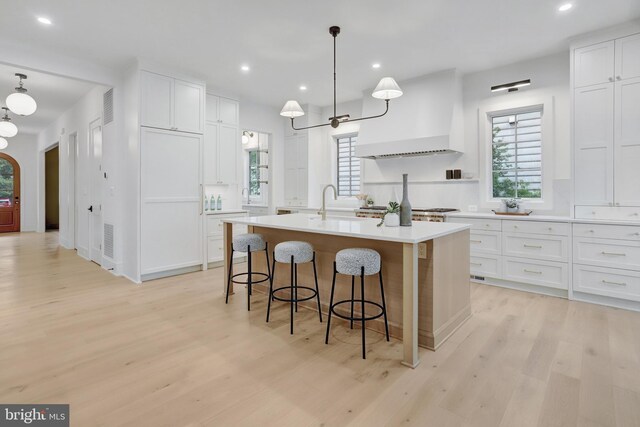 1416 N Hancock St, Arlington, VA 22201 - kitchen with custom exhaust hood, light wood-style floors, light countertops, plenty of natural light, and recessed lighting