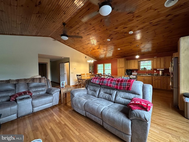 18421 Lower Georges Creek Rd SW, Barton, MD 21521 - living room with light wood-type flooring, wooden ceiling, vaulted ceiling, and ceiling fan