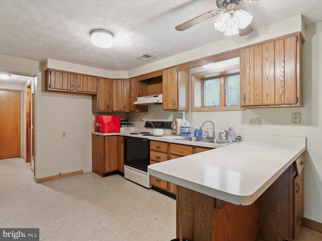 18421 Lower Georges Creek Rd SW, Barton, MD 21521 - kitchen featuring electric range oven, under cabinet range hood, a sink, baseboards, and a textured ceiling