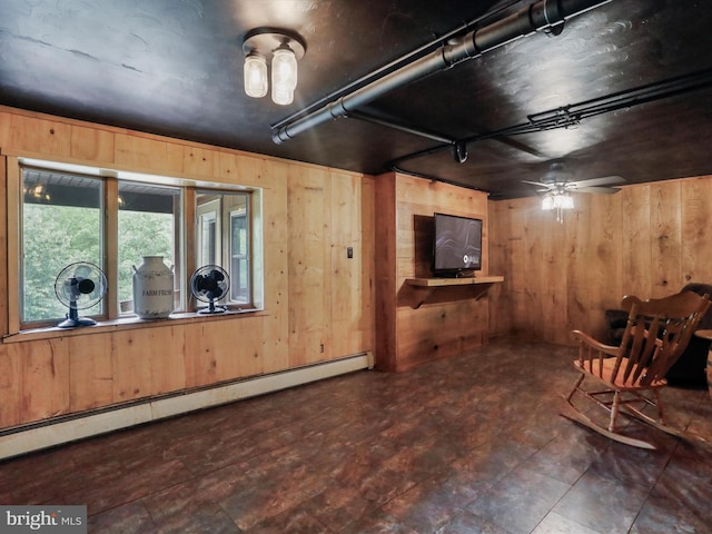 18421 Lower Georges Creek Rd SW, Barton, MD 21521 - sitting room with wooden walls, a ceiling fan, and a baseboard radiator