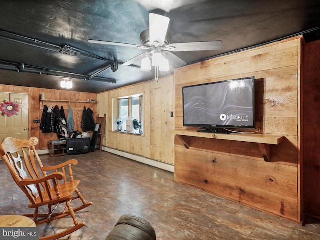 18421 Lower Georges Creek Rd SW, Barton, MD 21521 - living room featuring a baseboard radiator, wood walls, and a ceiling fan