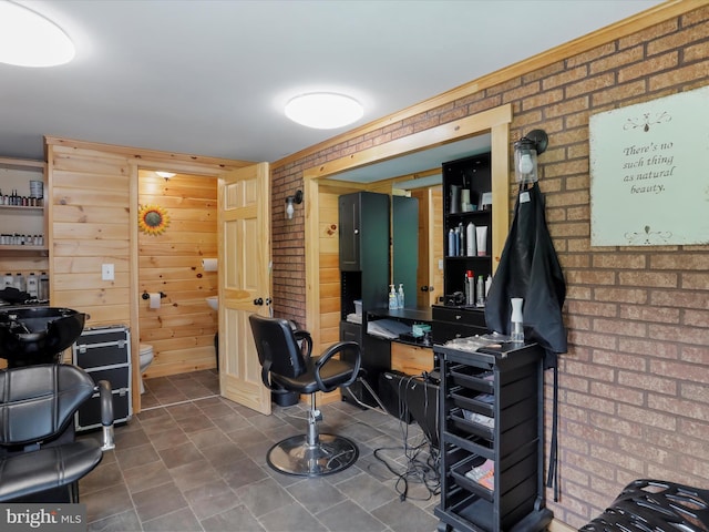 18421 Lower Georges Creek Rd SW, Barton, MD 21521 - office area featuring brick wall, dark tile patterned floors, and wood walls