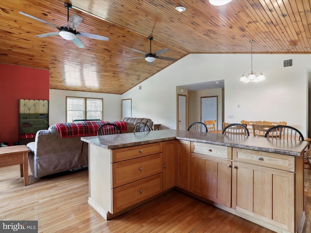 18421 Lower Georges Creek Rd SW, Barton, MD 21521 - kitchen featuring vaulted ceiling, open floor plan, light wood finished floors, ceiling fan, and a chandelier