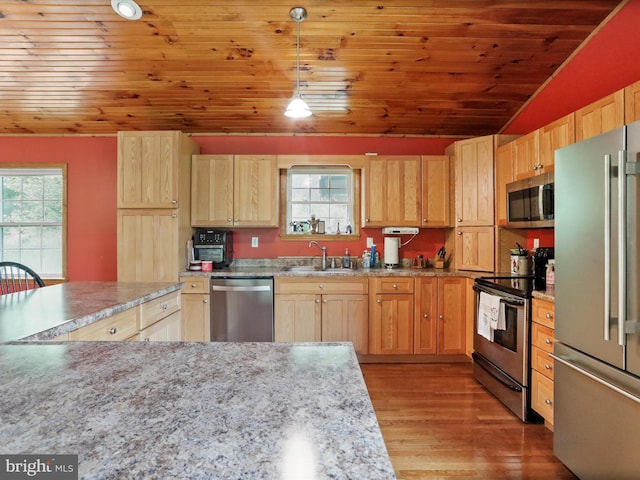 18421 Lower Georges Creek Rd SW, Barton, MD 21521 - kitchen featuring stainless steel appliances, a sink, wooden ceiling, healthy amount of natural light, and light brown cabinetry
