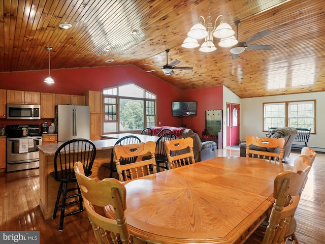18421 Lower Georges Creek Rd SW, Barton, MD 21521 - dining room featuring vaulted ceiling, a ceiling fan, plenty of natural light, hardwood / wood-style flooring, and wood ceiling