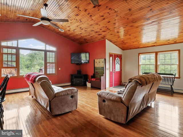 18421 Lower Georges Creek Rd SW, Barton, MD 21521 - living room with vaulted ceiling, baseboard heating, hardwood / wood-style flooring, ceiling fan, and wood ceiling