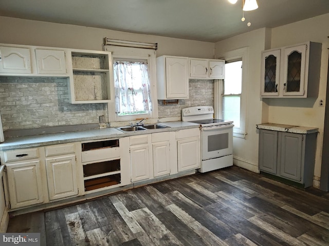 kitchen featuring white electric range, a sink, tasteful backsplash, and light countertops