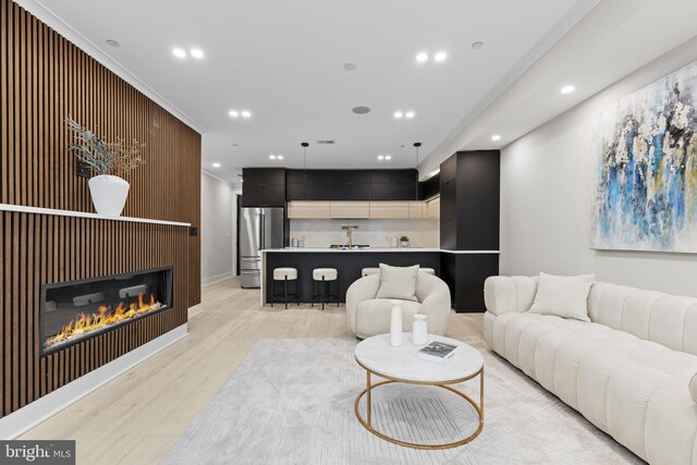 310 Varnum St NW Unit 3Ph, Washington, DC 20011 - living area featuring light wood finished floors, recessed lighting, a glass covered fireplace, and crown molding