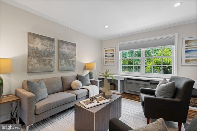 1716 W Abingdon Dr Unit 103, Alexandria, VA 22314 - living room with wood finished floors, ornamental molding, and recessed lighting
