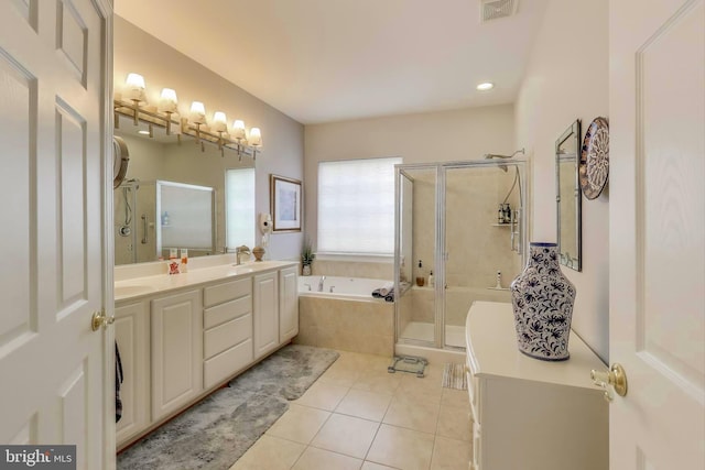 13605 Autumn End Ter, Laurel, MD 20707 - bathroom with a shower stall, a garden tub, double vanity, tile patterned flooring, and recessed lighting