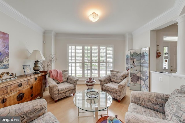 13605 Autumn End Ter, Laurel, MD 20707 - living area with ornamental molding, light wood-style flooring, and decorative columns