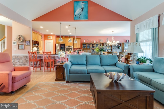 15149 Coultlands Reach, Milton, DE 19968 - living room featuring light wood-style floors, a chandelier, recessed lighting, and high vaulted ceiling
