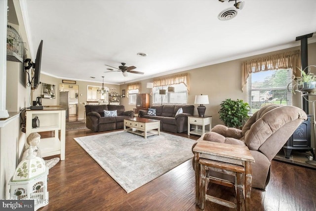 17 Drake St Unit 54A, Whiting, NJ 08759 - living area with a ceiling fan, crown molding, and dark wood-style flooring