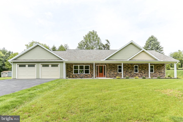1406 Amosite Rd, Bainbridge, PA 17502 - ranch-style home featuring asphalt driveway, a garage, stone siding, and covered porch