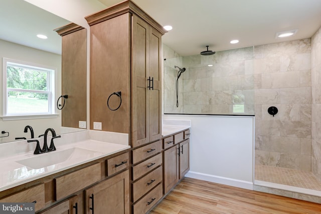 1406 Amosite Rd, Bainbridge, PA 17502 - bathroom featuring a walk in shower, wood finished floors, vanity, and recessed lighting
