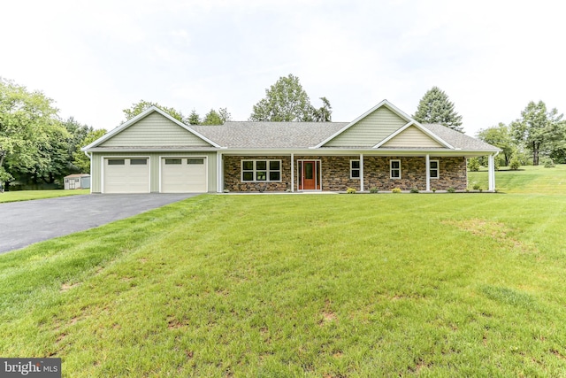 1406 Amosite Rd, Bainbridge, PA 17502 - ranch-style house with driveway, an attached garage, stone siding, a porch, and a front yard