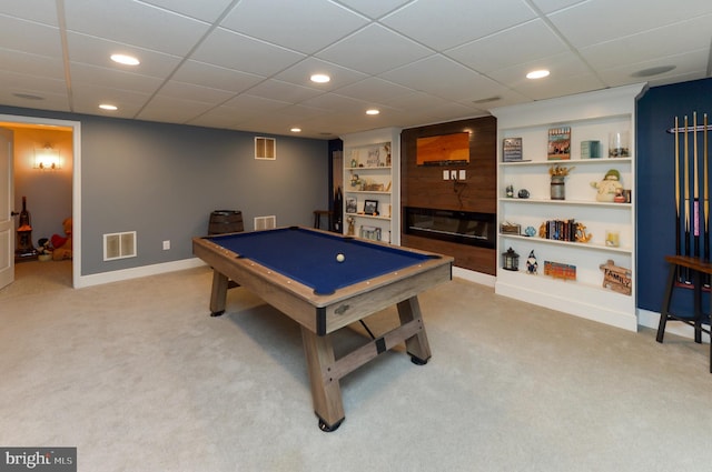 recreation room with light carpet, billiards, recessed lighting, built in features, and baseboards