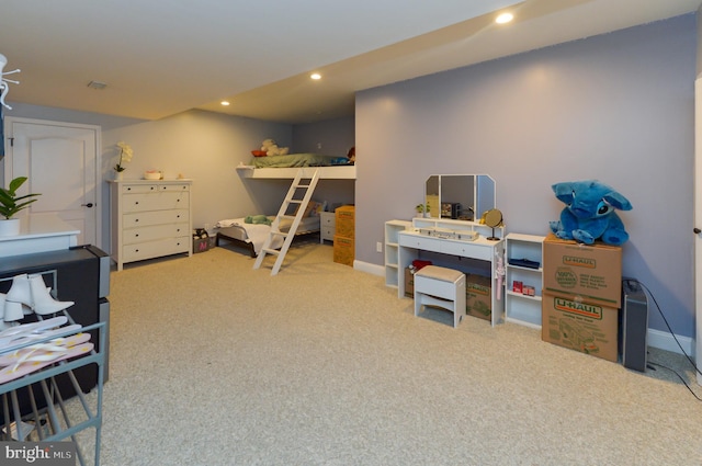 rec room with carpet floors, recessed lighting, and baseboards